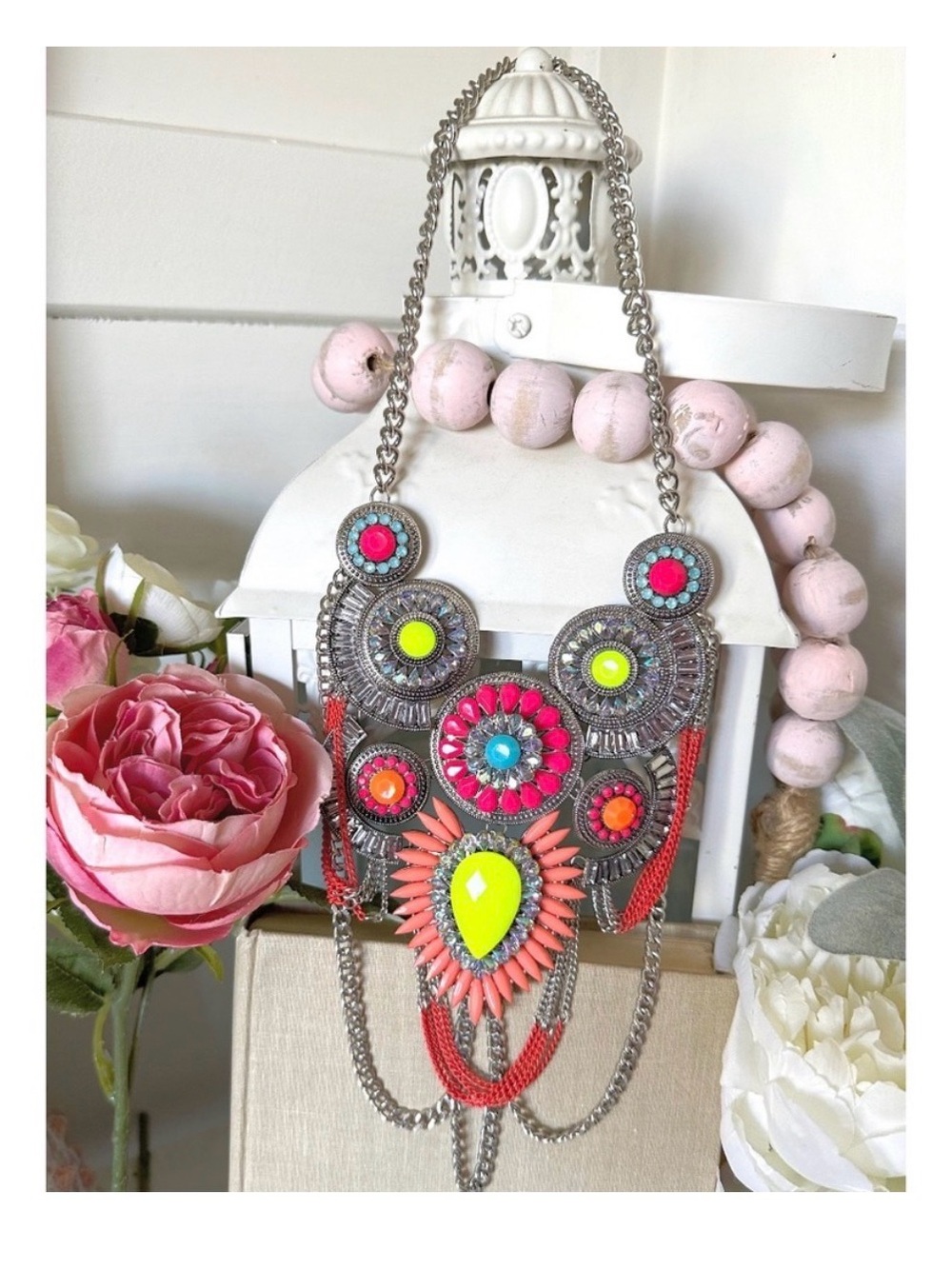 Statement Bohemian Pendant Necklace - Pink & Neon Accents